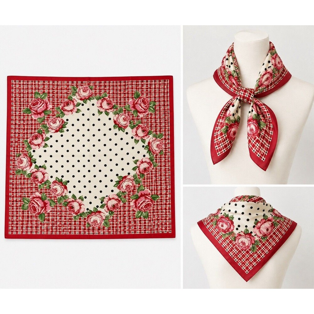 VTG 100% Silk Scarf Red Black White Polka Dot Floral Square 30” Hand Rolled